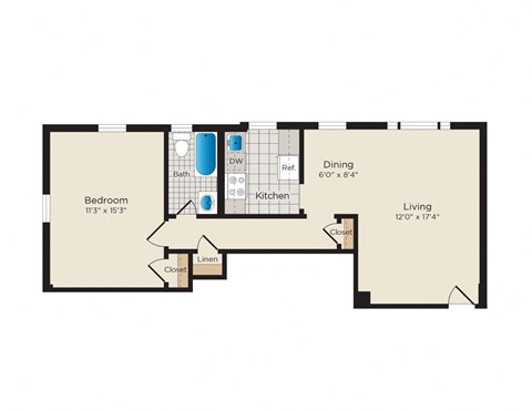 Floor plan for 1 bed, 1 bath, 577 sqft
